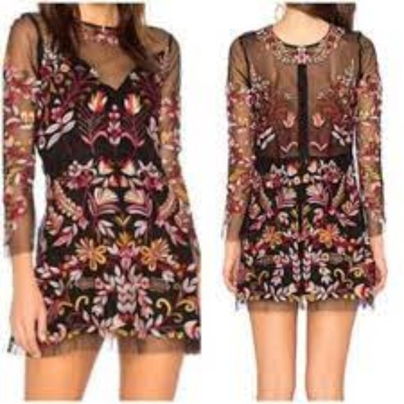 Karina Grimaldi | Regina Black Flower Embroidered Mini Dress Medium Boho - Picture 4 of 13